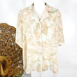 Vintage 80's Sage & Peach Lightweight Oversized Paisley Print Blouse, Size Large